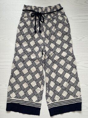 Deja Bleu Women's Cotton Pants L White Blue Boho Cropped Wide Leg Casual Coastal